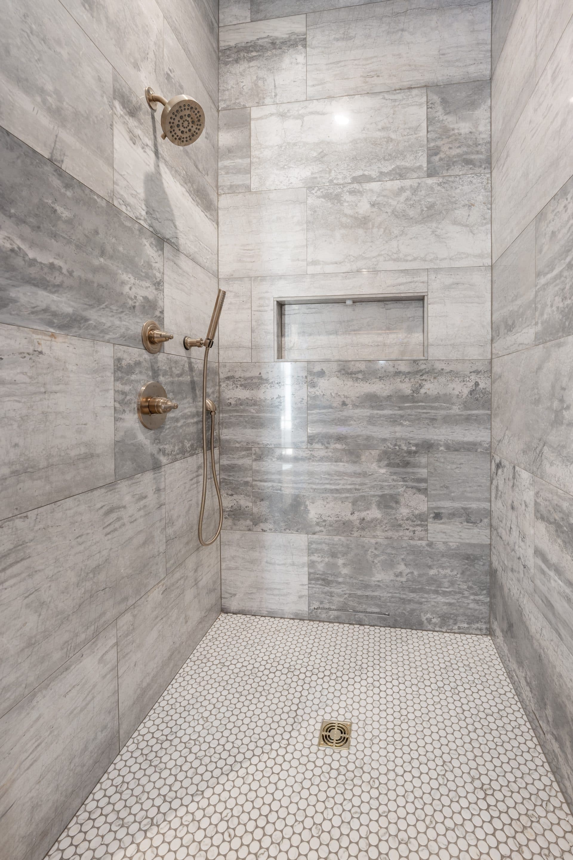 Walk-in shower, stone tile