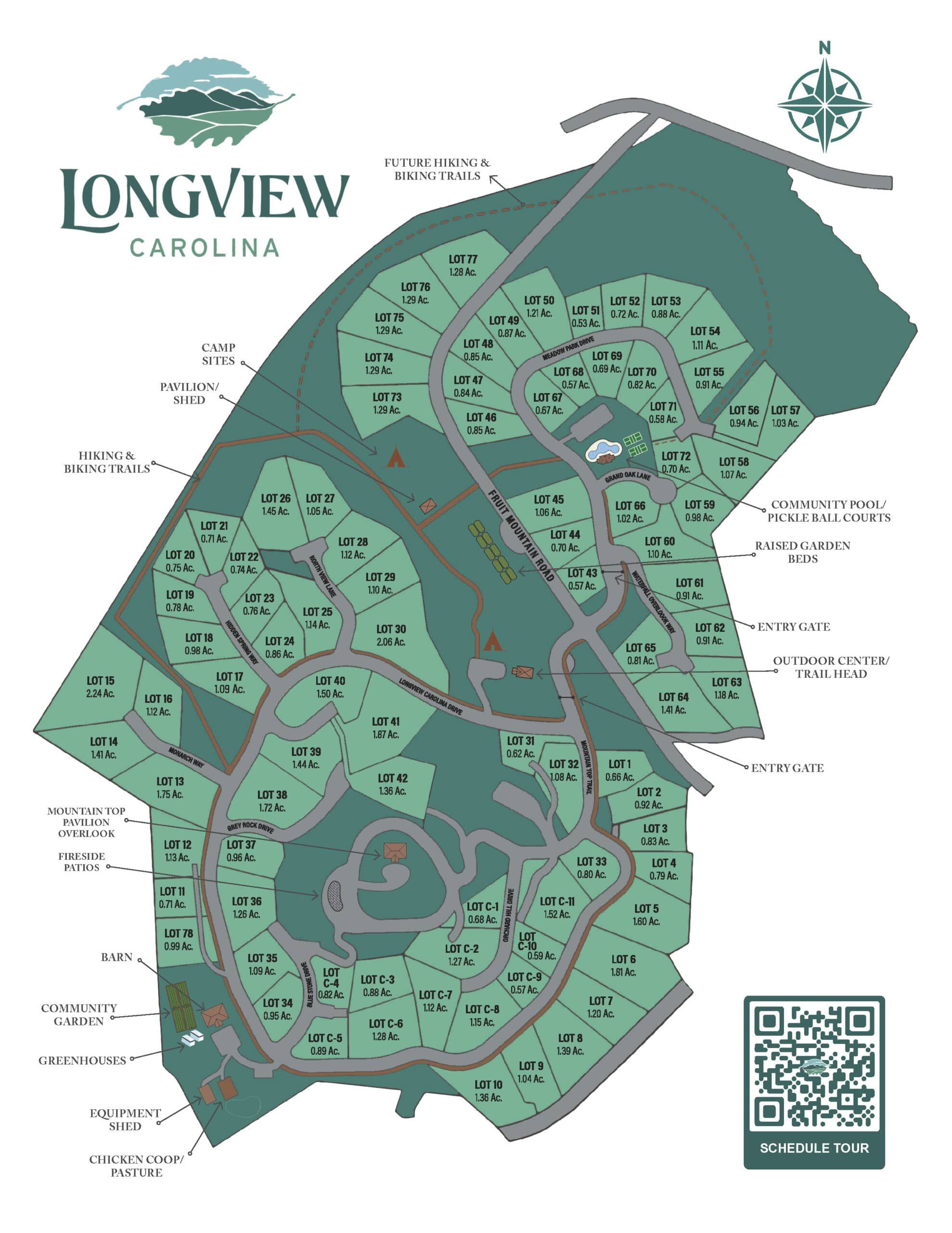 Longview Carolina community master plan showing lot layout, roads, and amenities